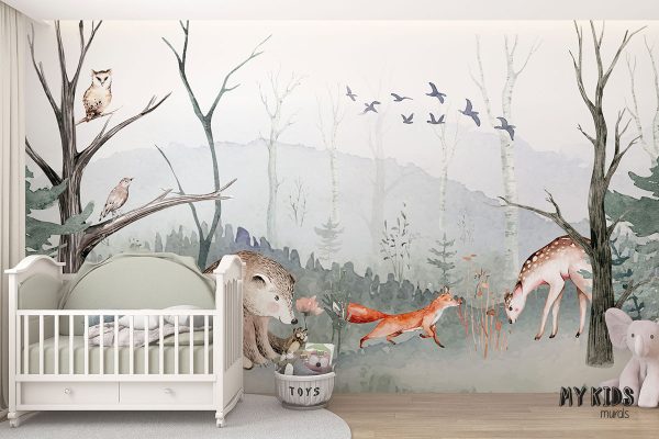 green forest glade with animals - children’s wall mural