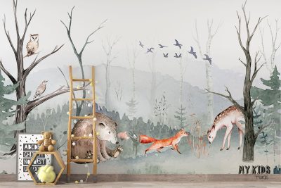 green forest glade with animals - children’s wall mural