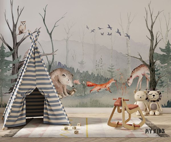 green forest glade with animals - children’s wall mural