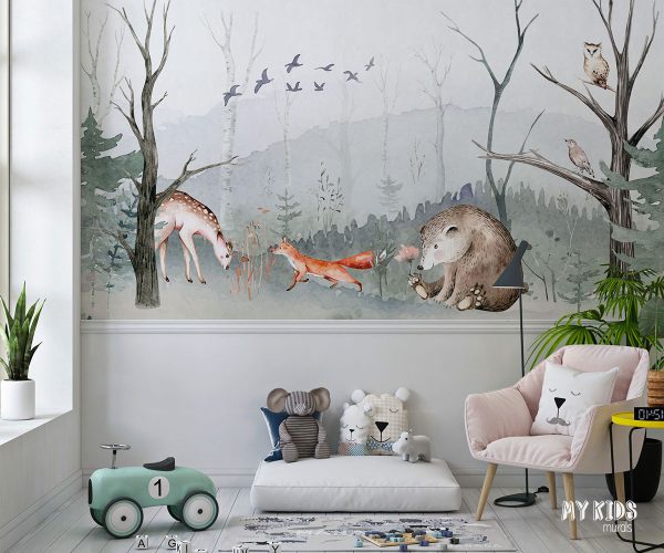 green forest glade with animals - children’s wall mural