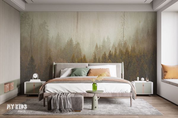 mountainous forest against the background of wooden boards - wall mural