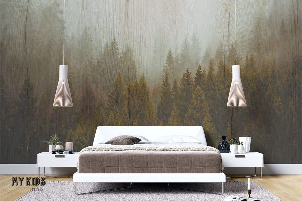 mountainous forest against the background of wooden boards - wall mural