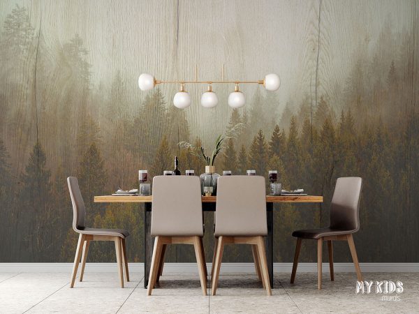 mountainous forest against the background of wooden boards - wall mural