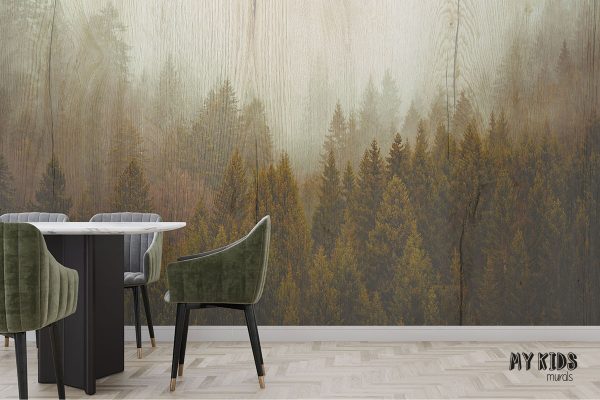 mountainous forest against the background of wooden boards - wall mural