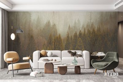 mountainous forest against the background of wooden boards - wall mural