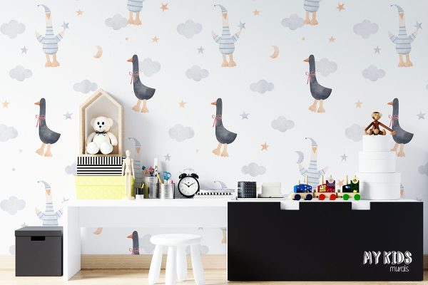 black and white geese among clouds and stars on white background - children’s wall mural