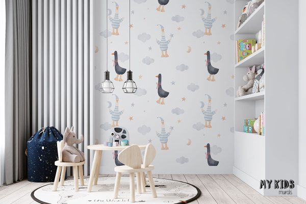 black and white geese among clouds and stars on white background - children’s wall mural