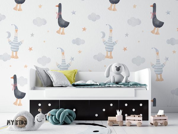 black and white geese among clouds and stars on white background - children’s wall mural