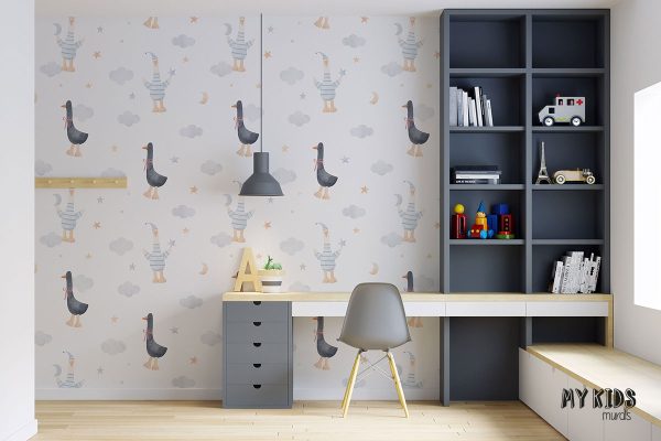 black and white geese among clouds and stars on white background - children’s wall mural