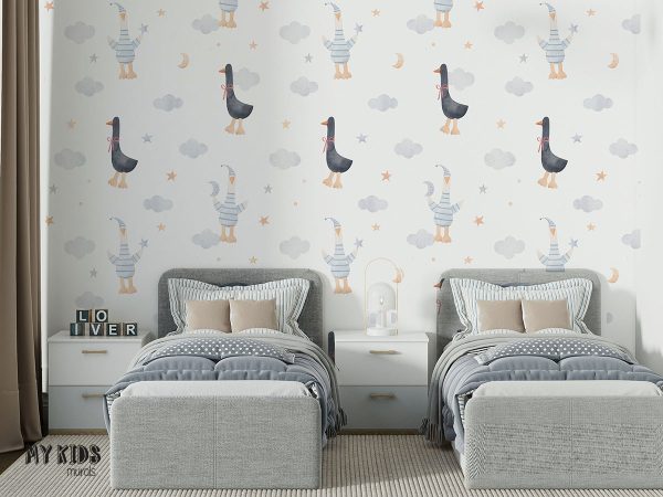 black and white geese among clouds and stars on white background - children’s wall mural