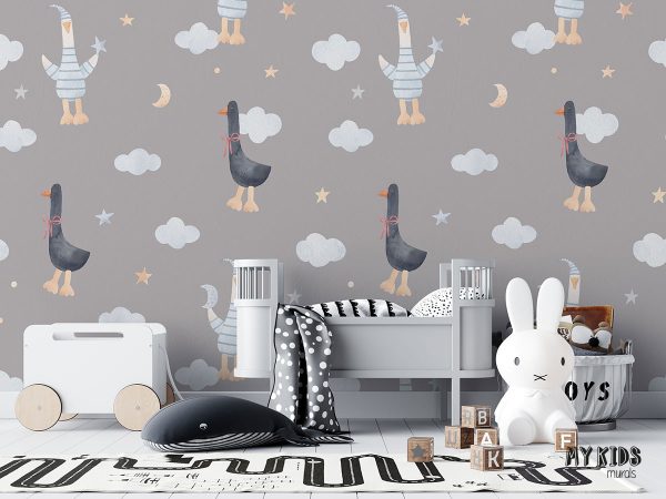 black and white geese among clouds and stars on white background - children’s wall mural