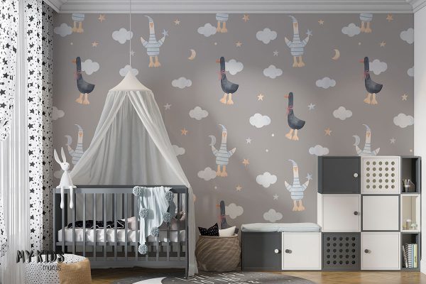 black and white geese among clouds and stars on white background - children’s wall mural