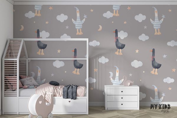 black and white geese among clouds and stars on white background - children’s wall mural