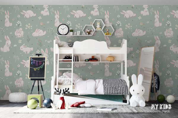 white hares on green meadow - children’s wall mural