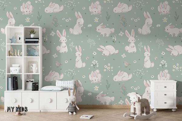 white hares on green meadow - children’s wall mural