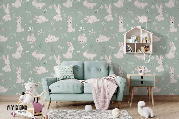 white hares on green meadow - children’s wall mural