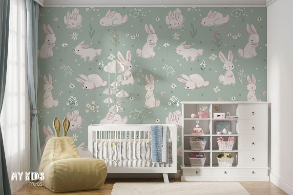 white hares on green meadow - children’s wall mural