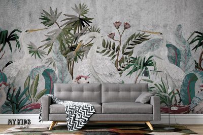 white birds among green bushes on concrete background - wall mural