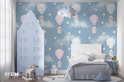 pandas in balloons among clouds and stars on blue background - children’s wall mural