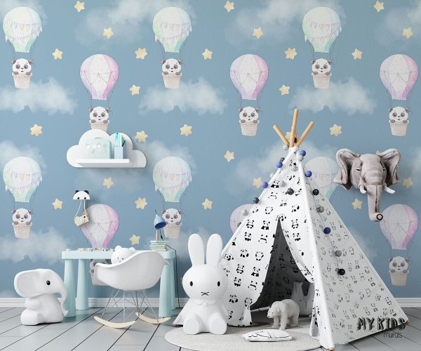 pandas in balloons among clouds and stars on blue background - children’s wall mural