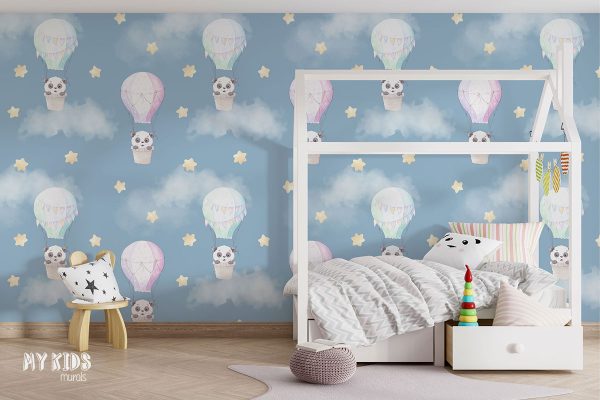 pandas in balloons among clouds and stars on blue background - children’s wall mural