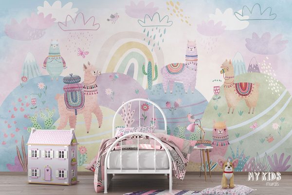 colorful llamas on colorful hills covered with cacti with rainbow - children’s wall mural