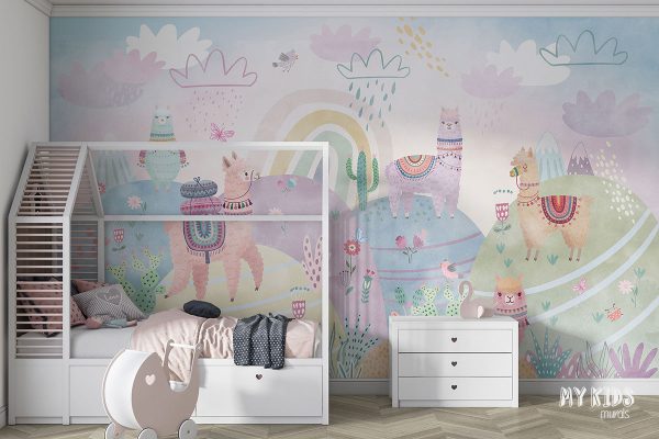 colorful llamas on colorful hills covered with cacti with rainbow - children’s wall mural