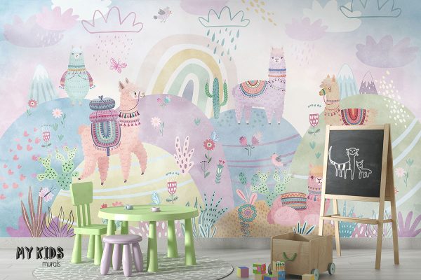 colorful llamas on colorful hills covered with cacti with rainbow - children’s wall mural