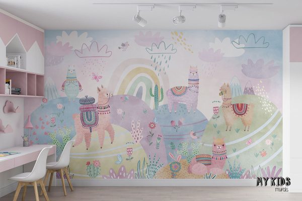 colorful llamas on colorful hills covered with cacti with rainbow - children’s wall mural