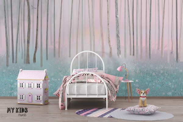 tall trees in the grass on pearl background - children’s wall mural