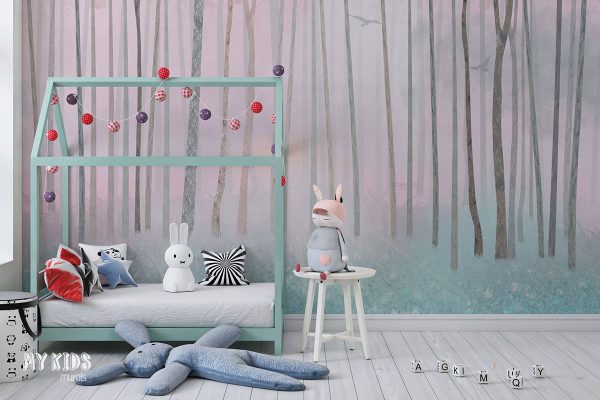 tall trees in the grass on pearl background - children’s wall mural