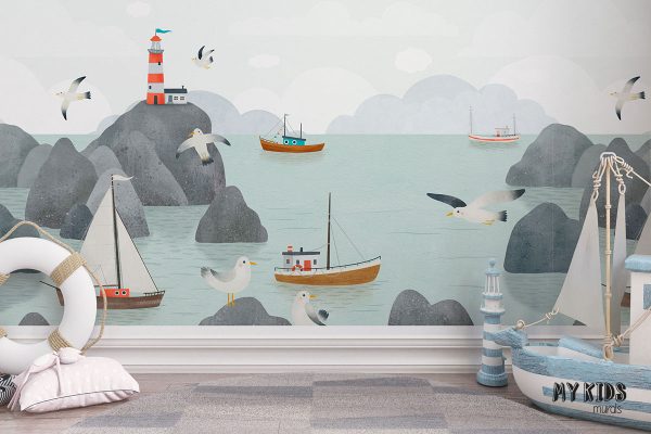 cutters in rocky sea bay with lighthouse - children’s wall mural