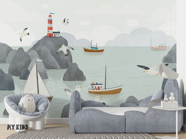 cutters in rocky sea bay with lighthouse - children’s wall mural