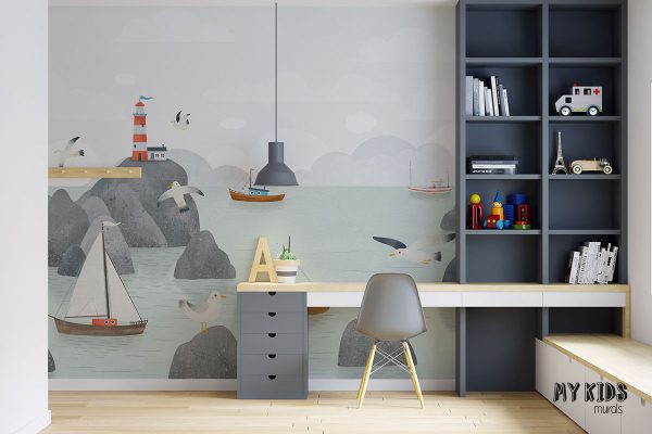 cutters in rocky sea bay with lighthouse - children’s wall mural