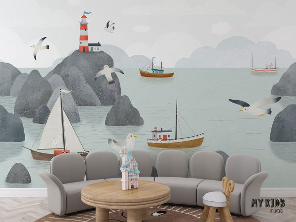 cutters in rocky sea bay with lighthouse - children’s wall mural