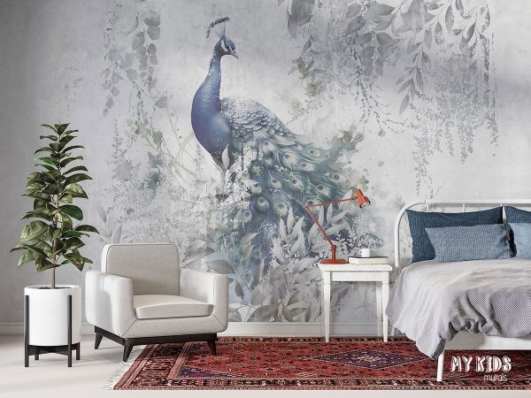 blue peacock among gray leaves on light background - wall mural