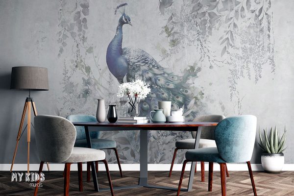 blue peacock among gray leaves on light background - wall mural