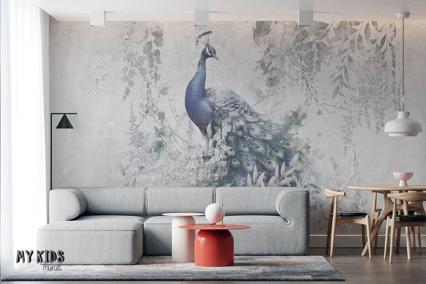 blue peacock among gray leaves on light background - wall mural