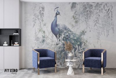 blue peacock among gray leaves on light background - wall mural