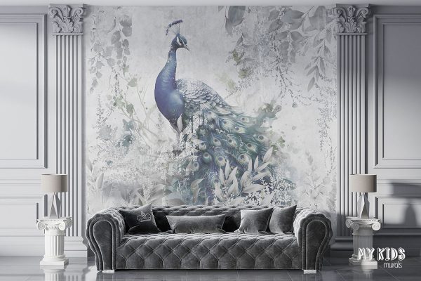 blue peacock among gray leaves on light background - wall mural