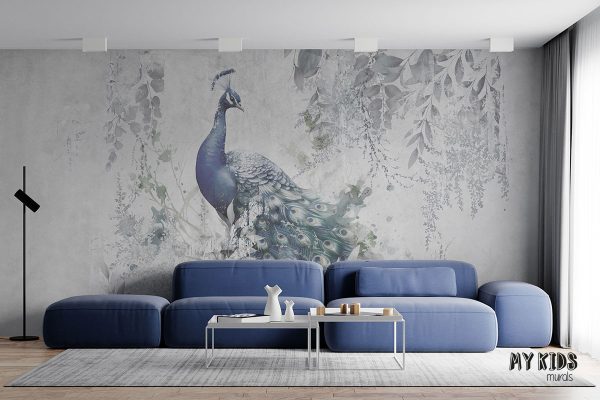 blue peacock among gray leaves on light background - wall mural