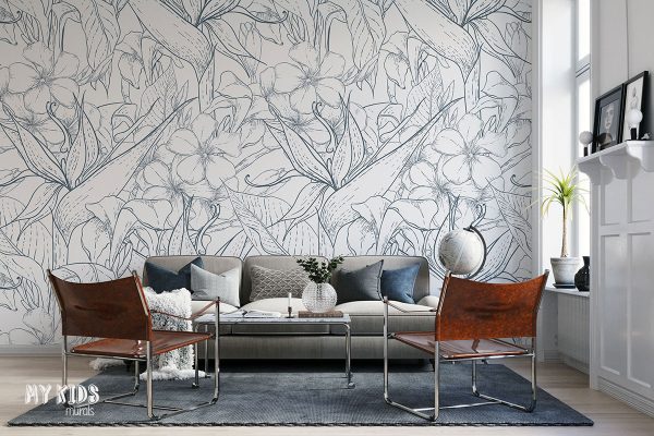 drawn flowers on white background - wall mural