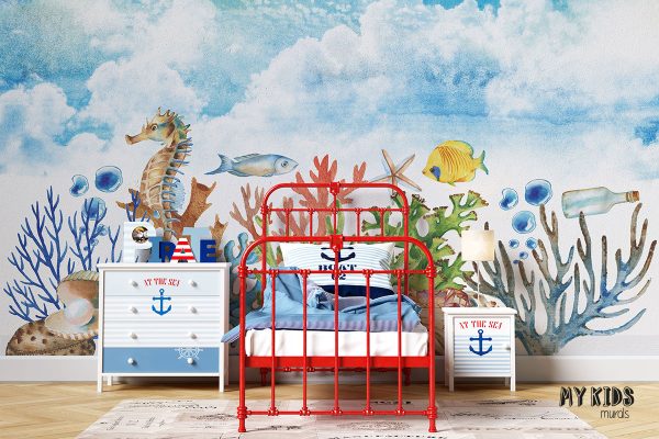 marine flora and fauna under cloudy sky- children’s wall mural