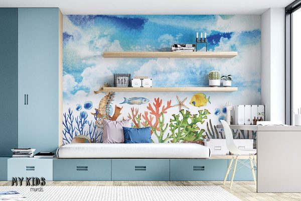 marine flora and fauna under cloudy sky- children’s wall mural