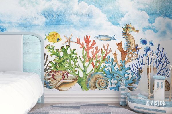 marine flora and fauna under cloudy sky- children’s wall mural