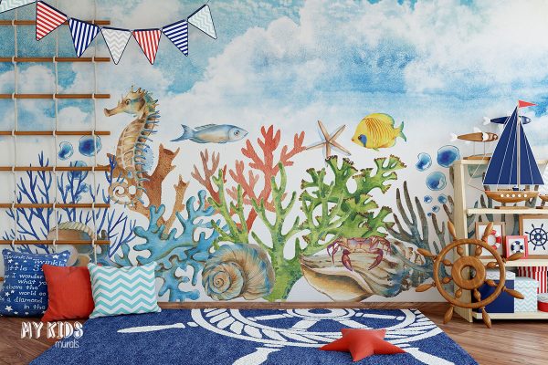 marine flora and fauna under cloudy sky- children’s wall mural