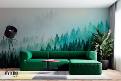 green fir forest on the hillside slope in the fog - wall mural