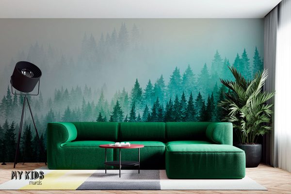 green fir forest on the hillside slope in the fog - wall mural