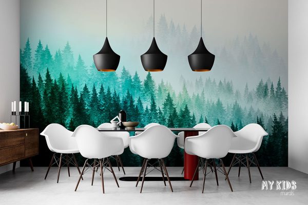 green fir forest on the hillside slope in the fog - wall mural