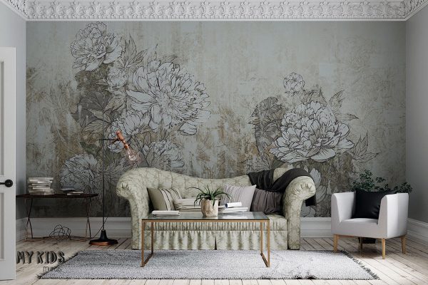 bright peony flowers on beige background in vintage style - wall mural